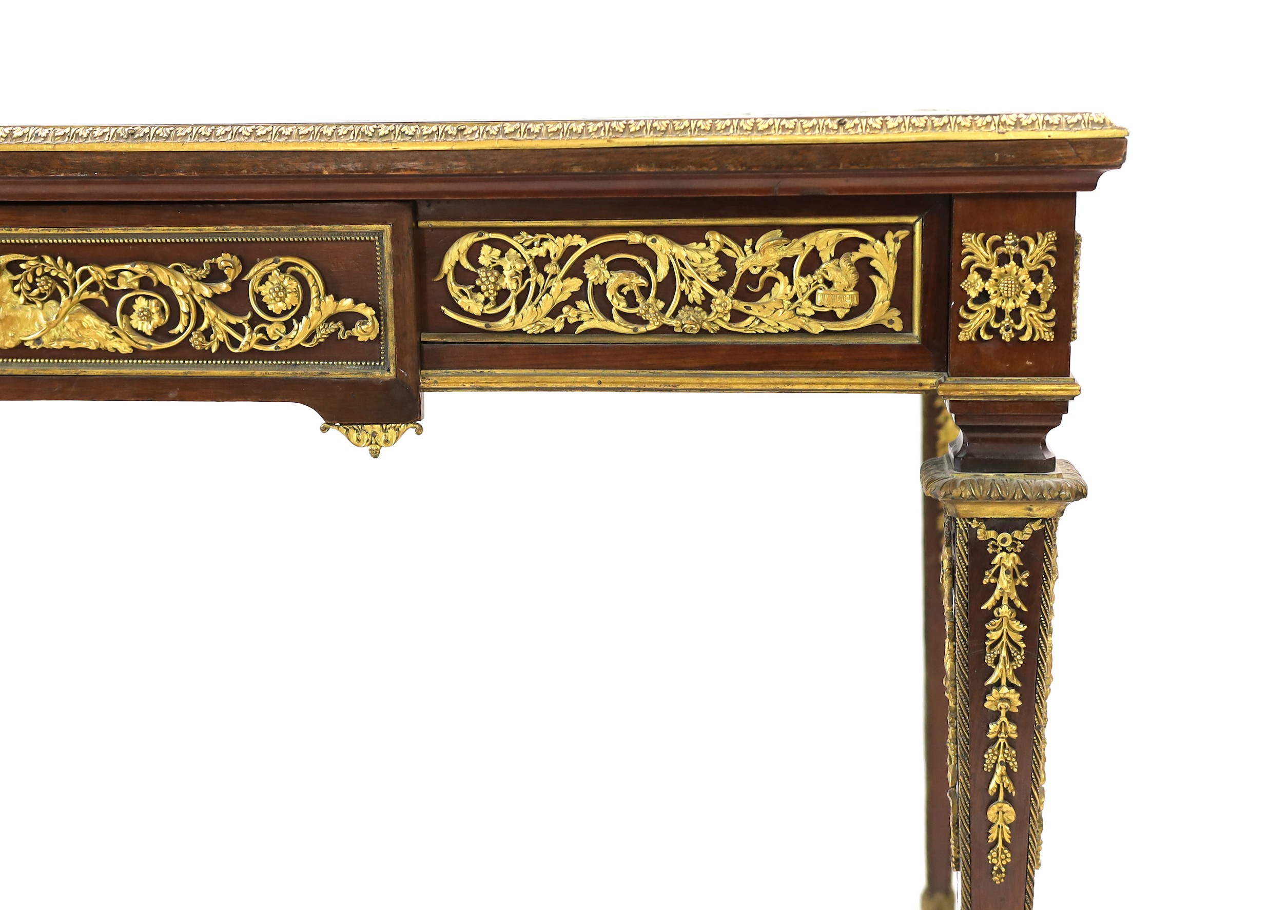 Francois Linke. A Louis XVI style gilt bronze mounted mahogany bureau plat, width 129cm depth 66cm height 74cm